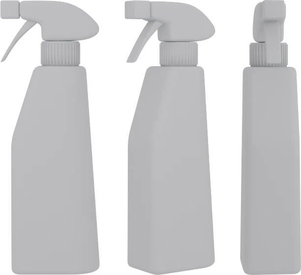 The plain 3D model of a spray bottle from three angles, before its label is applied